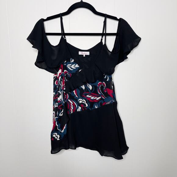 Parker Draped Sleeve Blouse Cold Shoulder Ruffle Pieced Paisley Print Black M - Picture 1 of 12